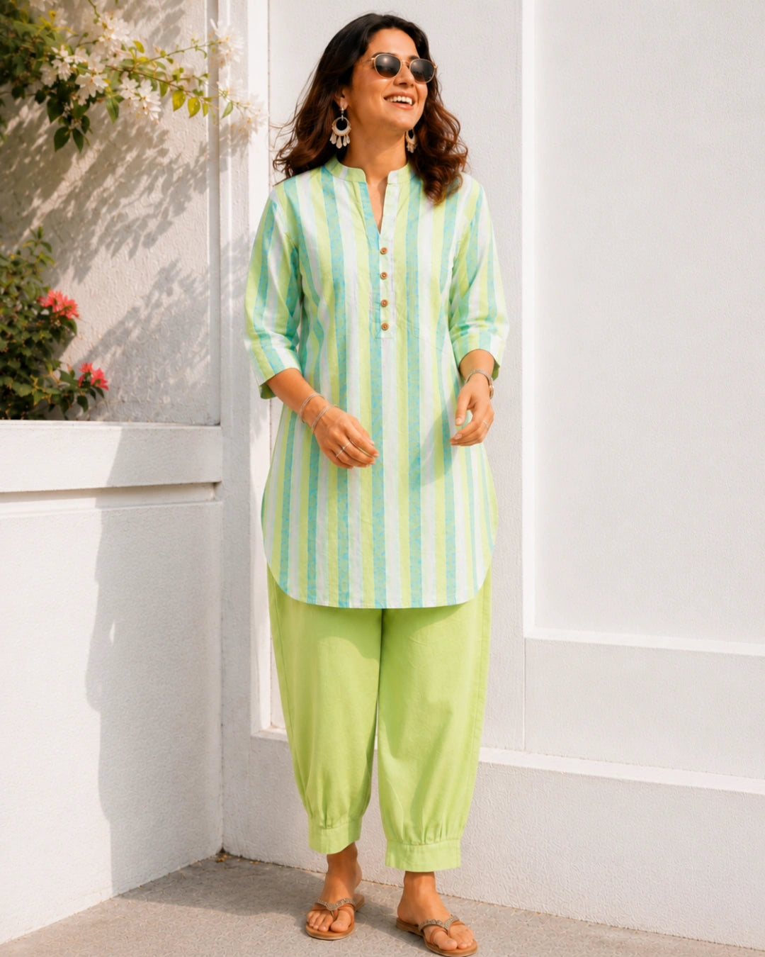 Mint Muse Stripe Farshi Cotton Kurta Set
