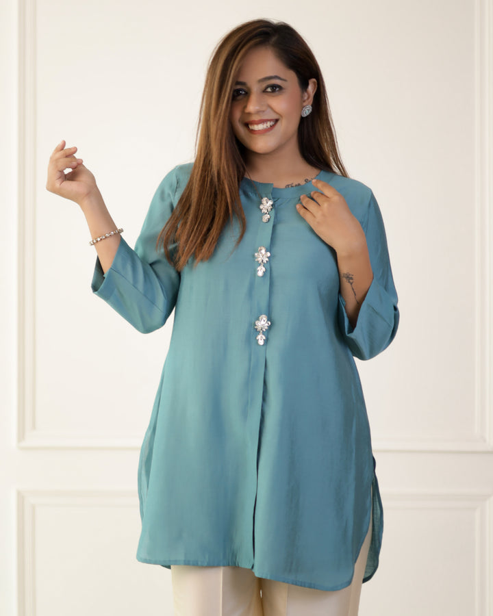 Mist Blue Solid Embellished Shirt