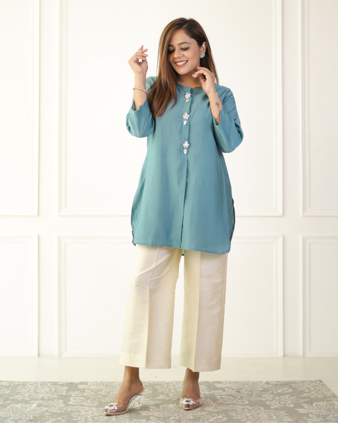 Mist Blue Solid Embellished Shirt