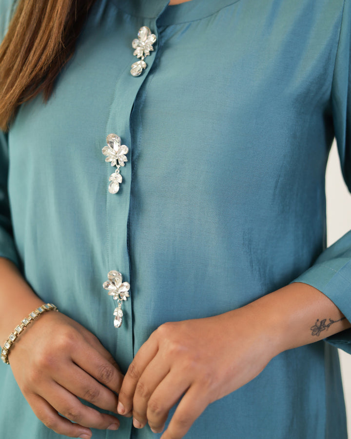 Mist Blue Solid Embellished Shirt