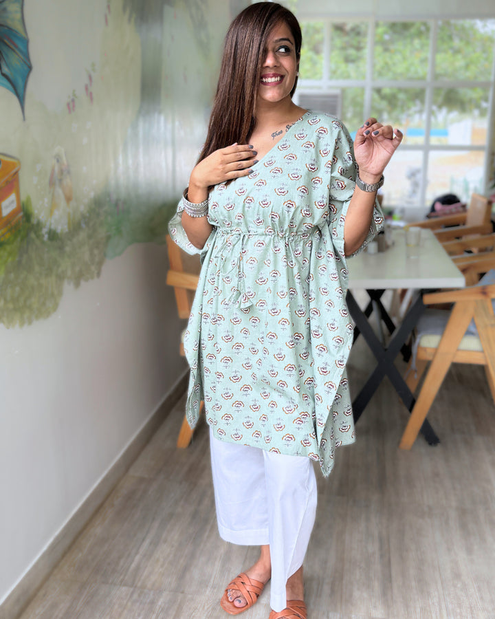 Moss Green Dabu Print Kaftan