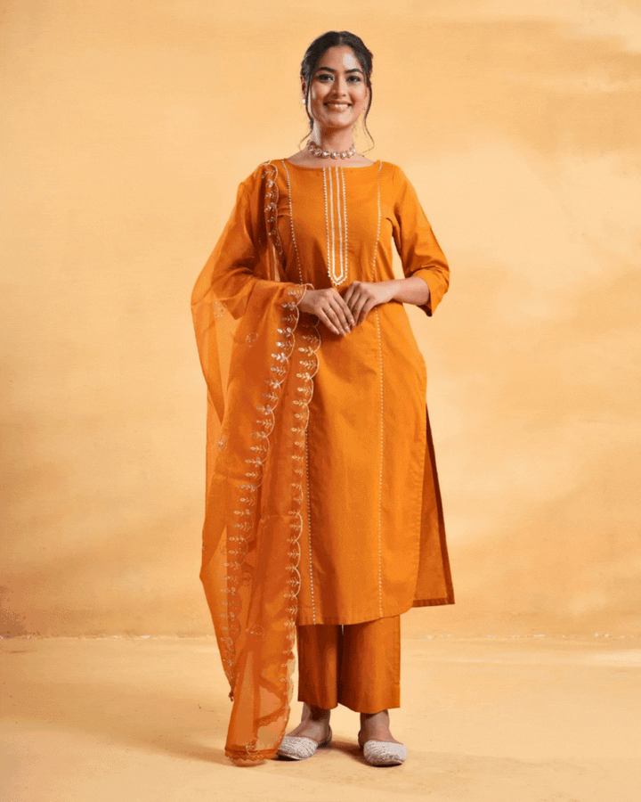 Mustard Yellow Cotton Suit For Women - Set of 3