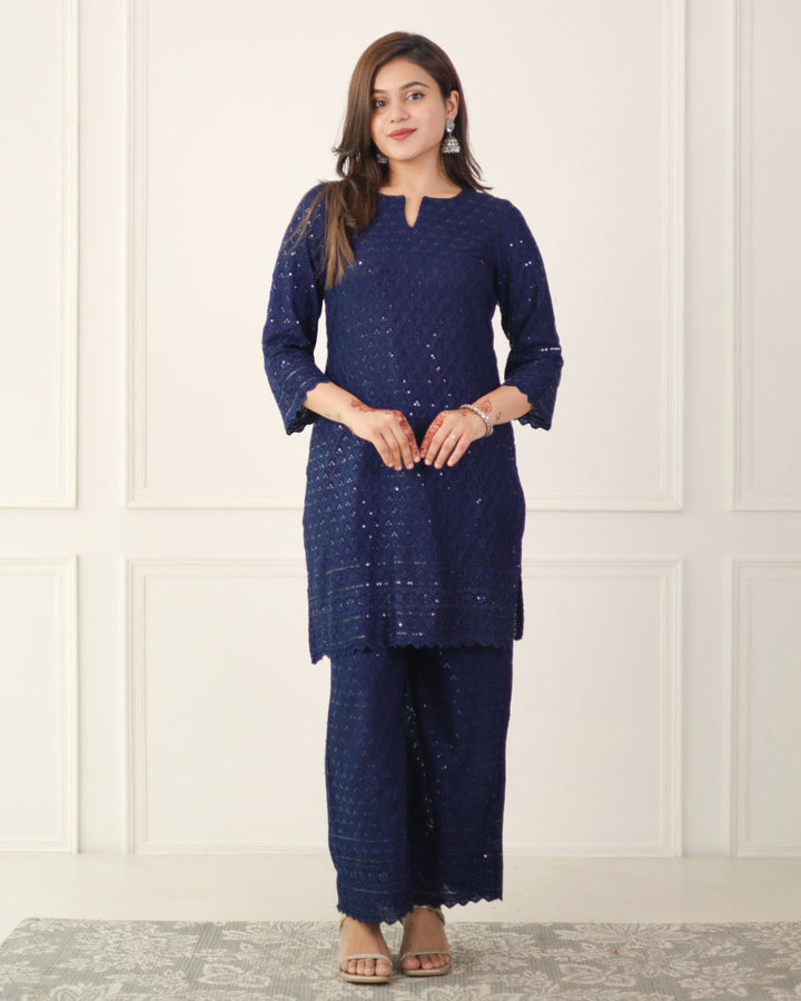 Navy Blue Chikankari Kurta & Palazzo - Set of 2