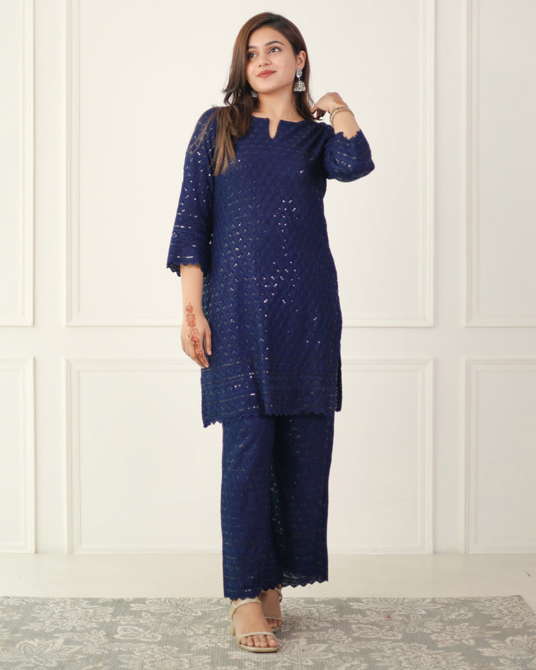 Navy Blue Chikankari Kurta & Palazzo - Set of 2