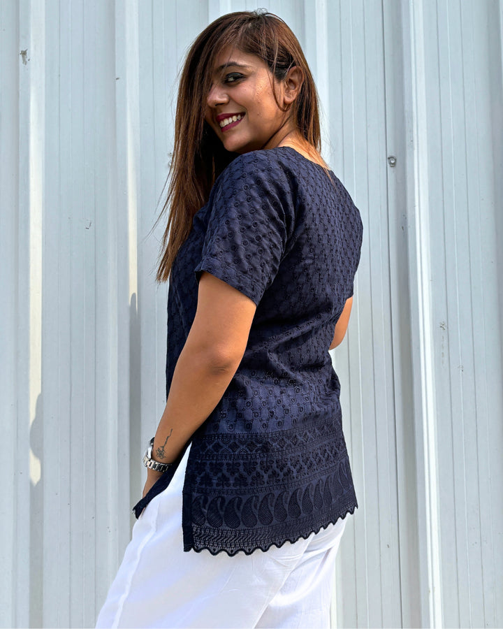 Navy Blue Cotton Embroidered Chikankari Short Kurti