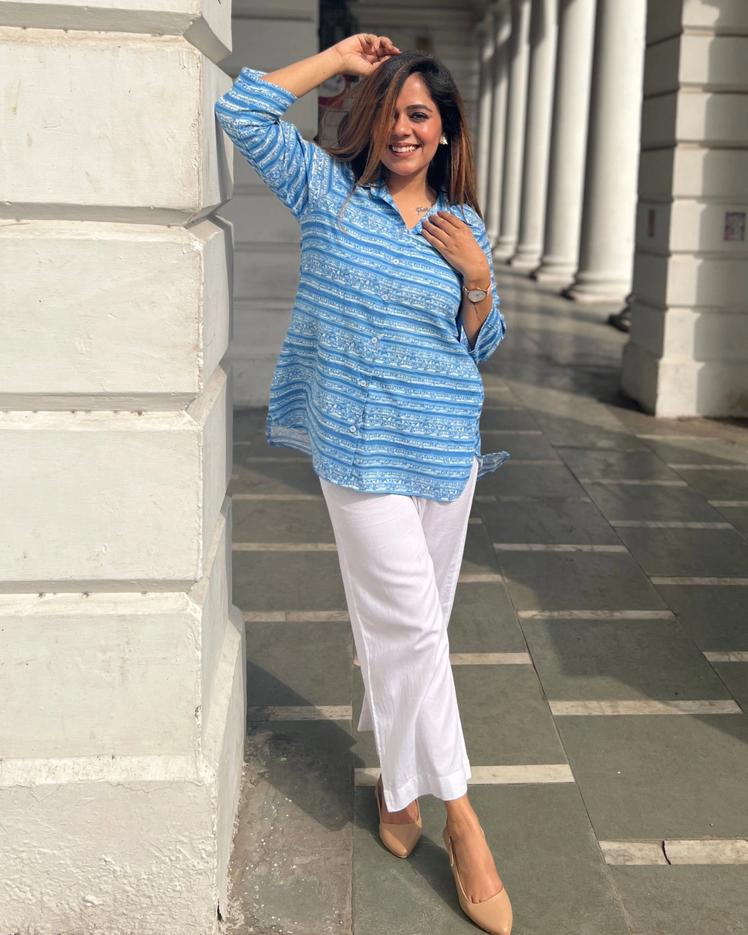 Sky Blue Ethnic Stripe Printed Cotton Shirt for Women