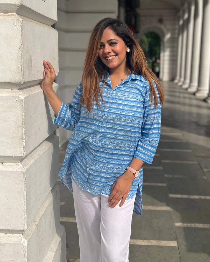 Sky Blue Ethnic Stripe Printed Cotton Shirt for Women