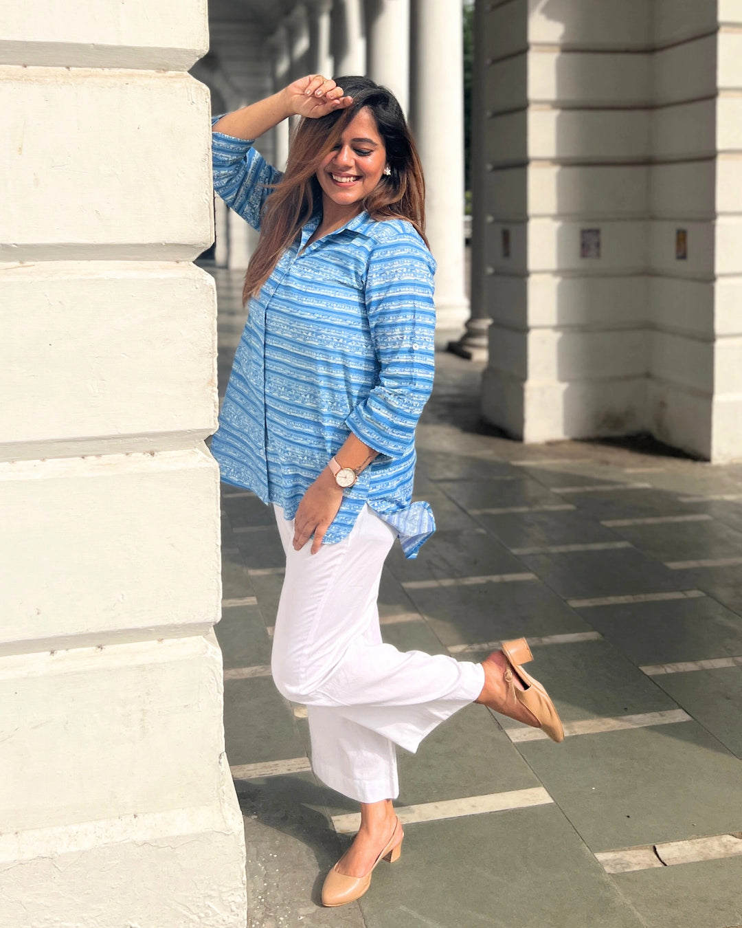 Sky Blue Ethnic Stripe Printed Cotton Shirt for Women