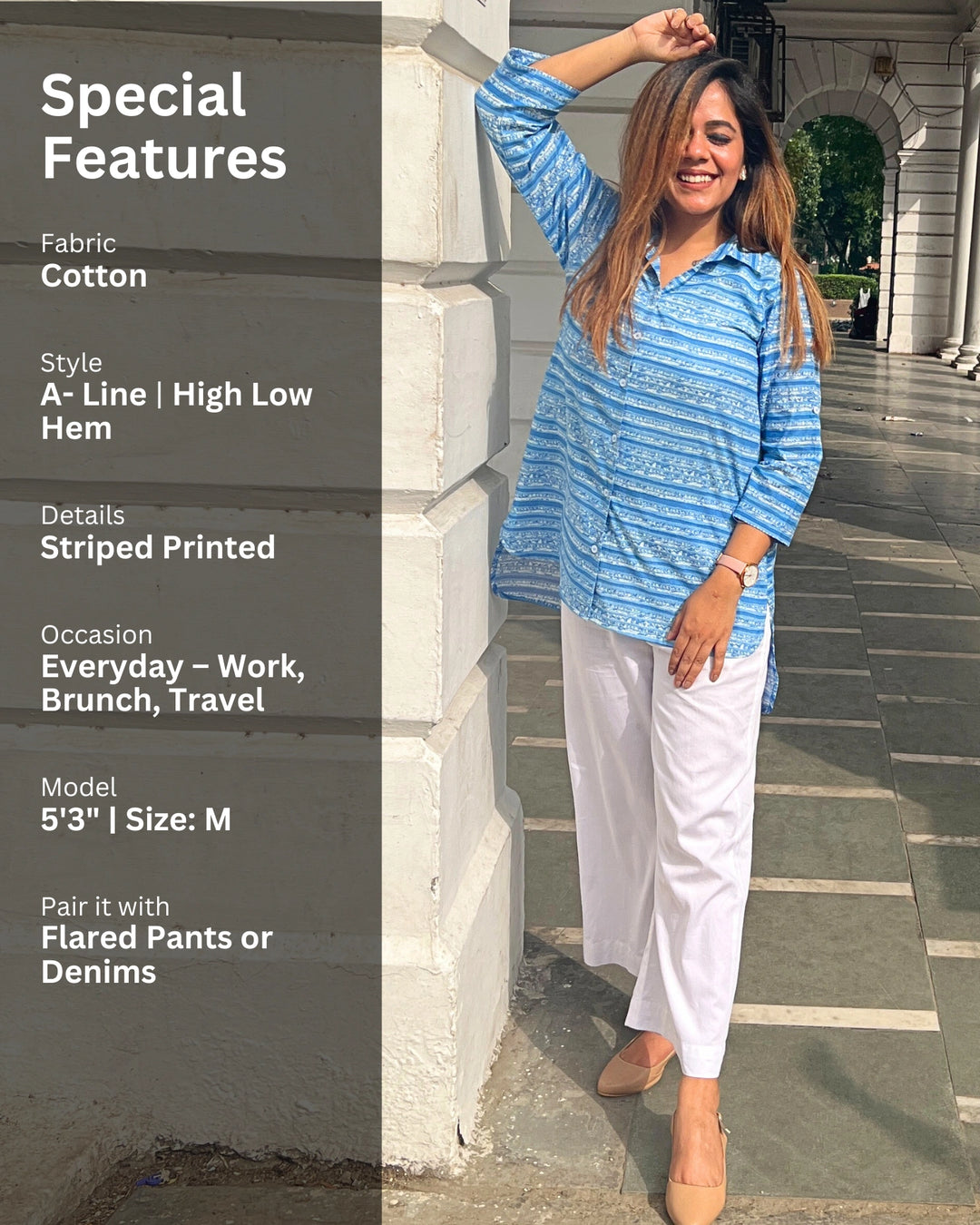 Sky Blue Ethnic Stripe Printed Cotton Shirt for Women