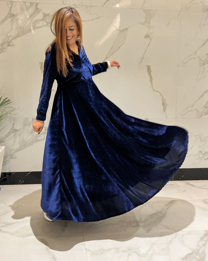 Navy Blue Fit and Flare Long Velvet Dress – The Svaya