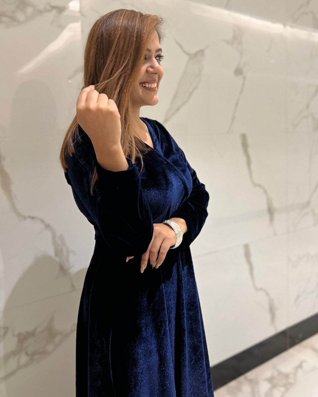 Navy Blue Fit and Flare Long Velvet Dress - Main Image