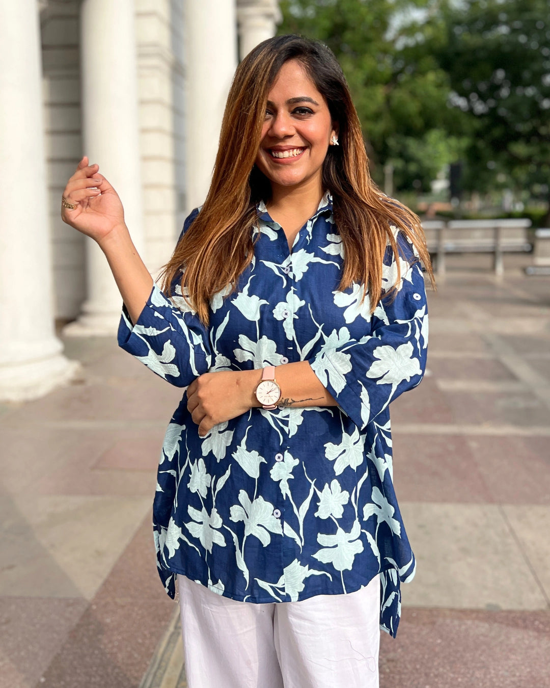 Navy Blue Floral Print Cotton Shirt for Women