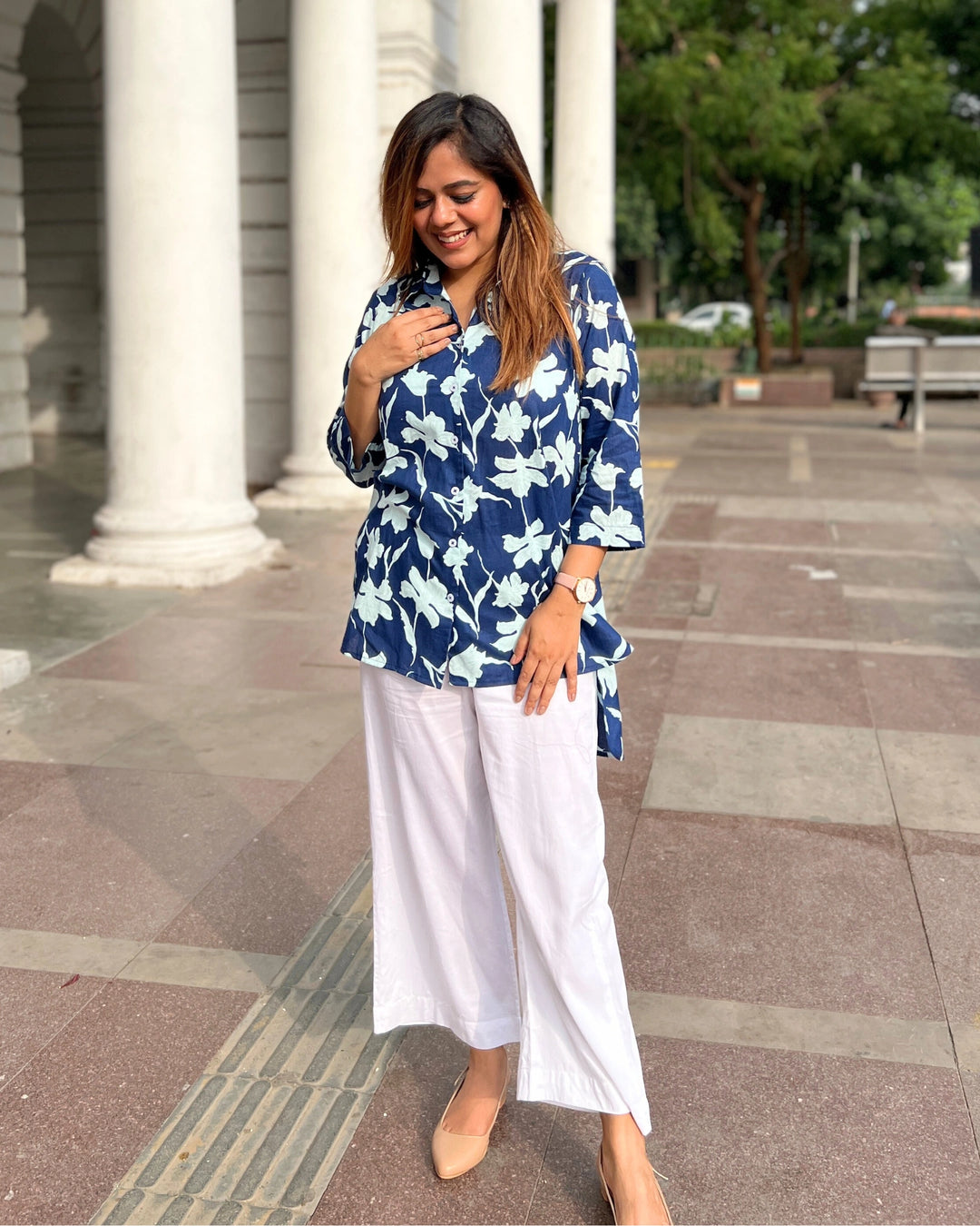 Navy Blue Floral Print Cotton Shirt for Women