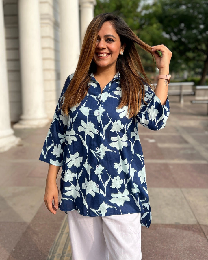 Navy Blue Floral Print Cotton Shirt for Women