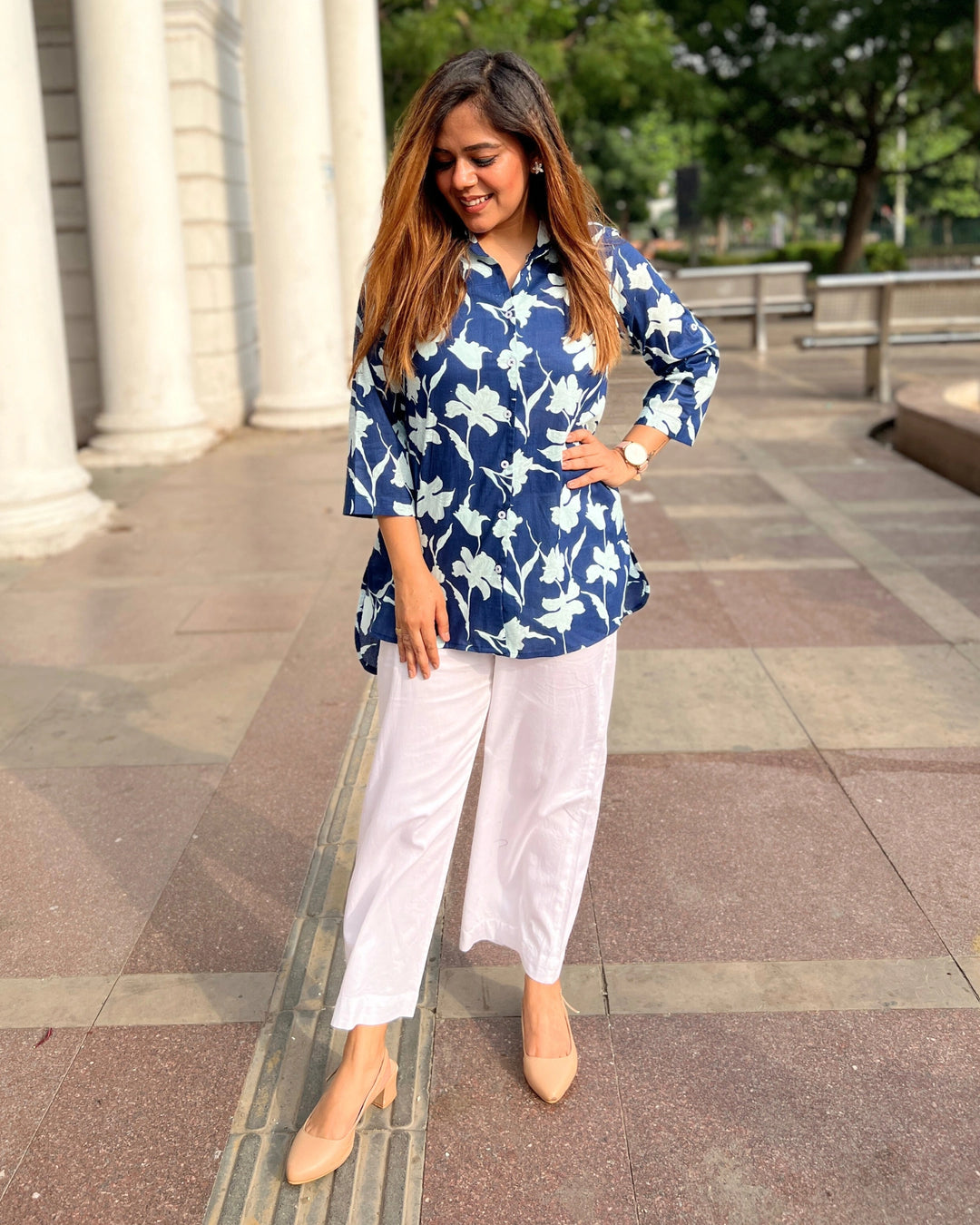 Navy Blue Floral Print Cotton Shirt for Women