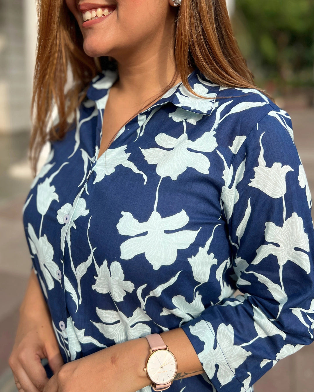 Navy Blue Floral Print Cotton Shirt for Women
