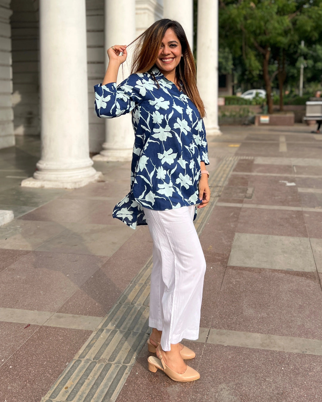 Navy Blue Floral Print Cotton Shirt for Women