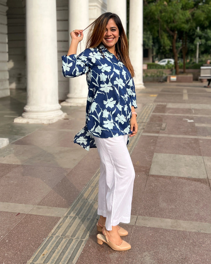 Navy Blue Floral Print Cotton Shirt for Women