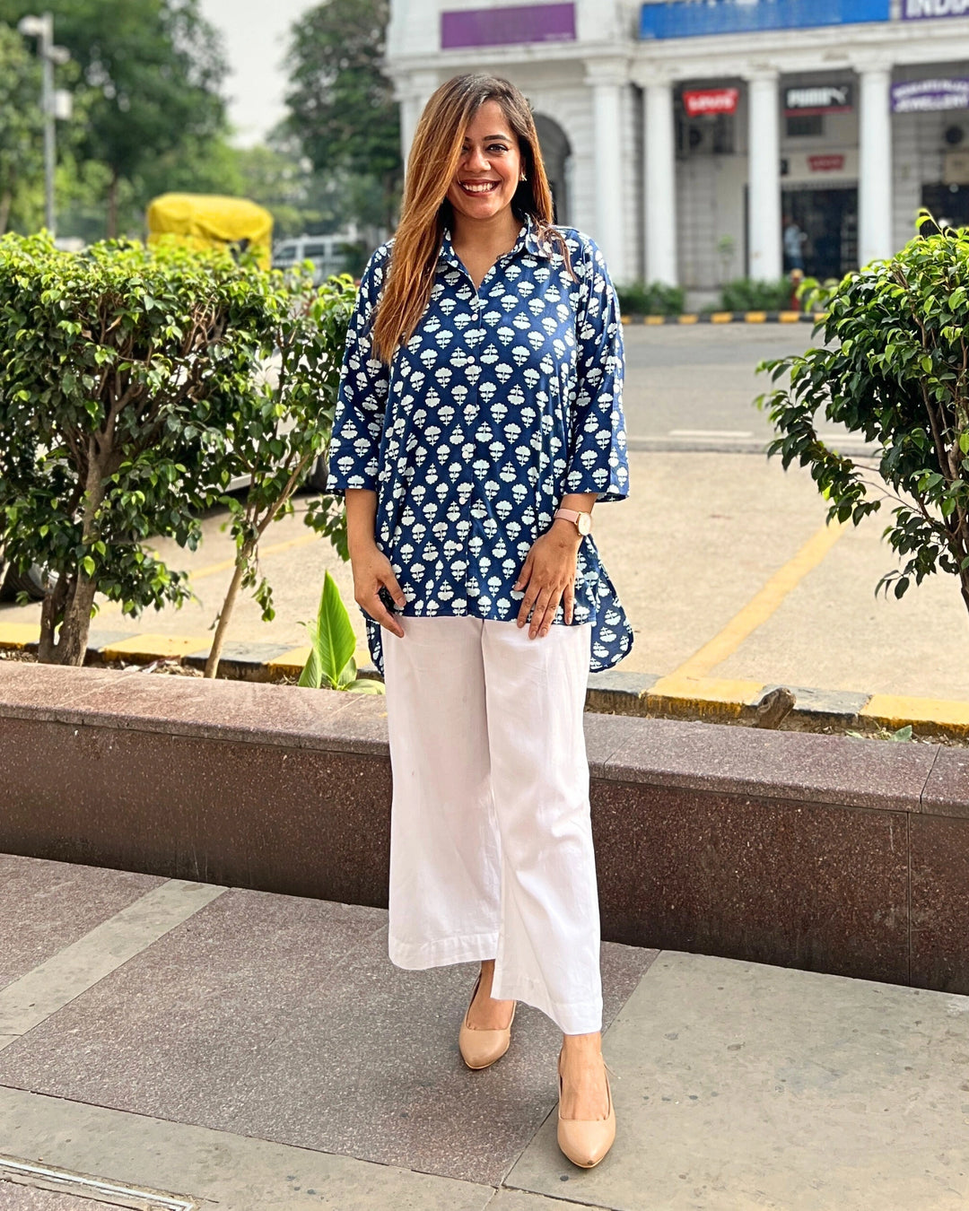 Navy Blue Orchid Print Cotton A-Line Shirt for Women