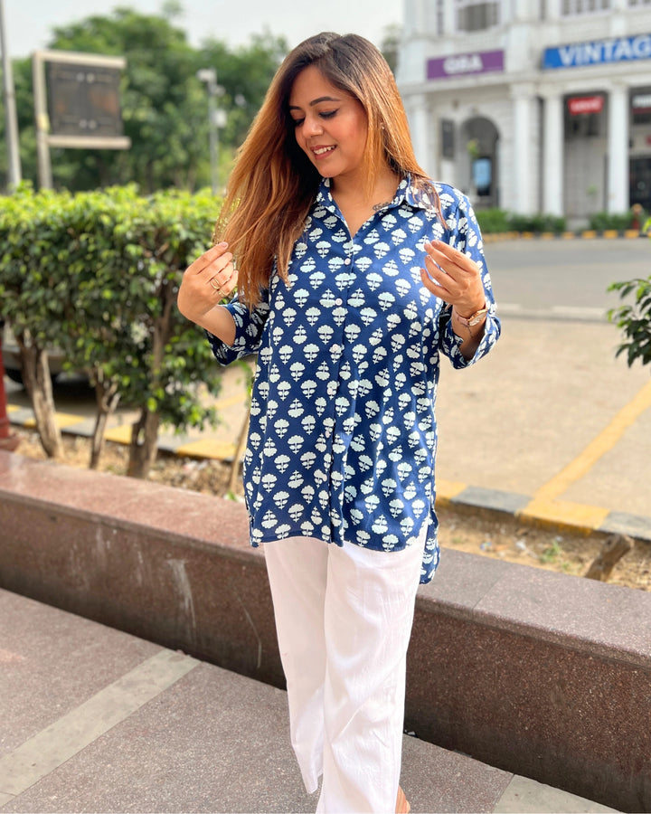 Navy Blue Orchid Print Cotton A-Line Shirt for Women