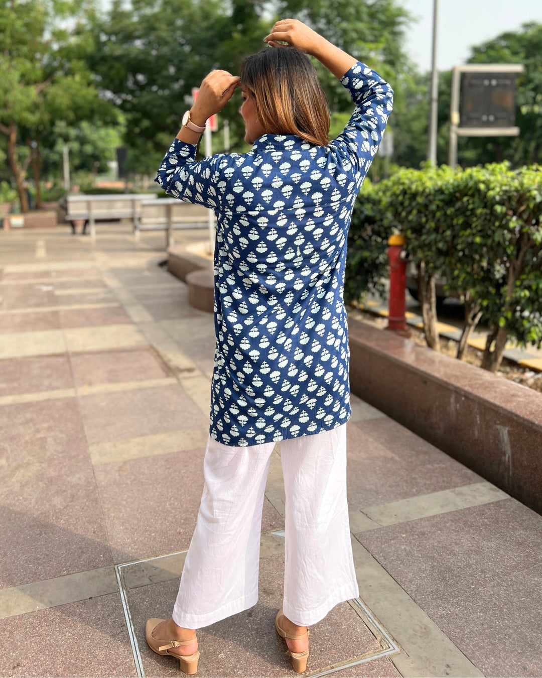 Navy Blue Orchid Print Cotton A-Line Shirt for Women