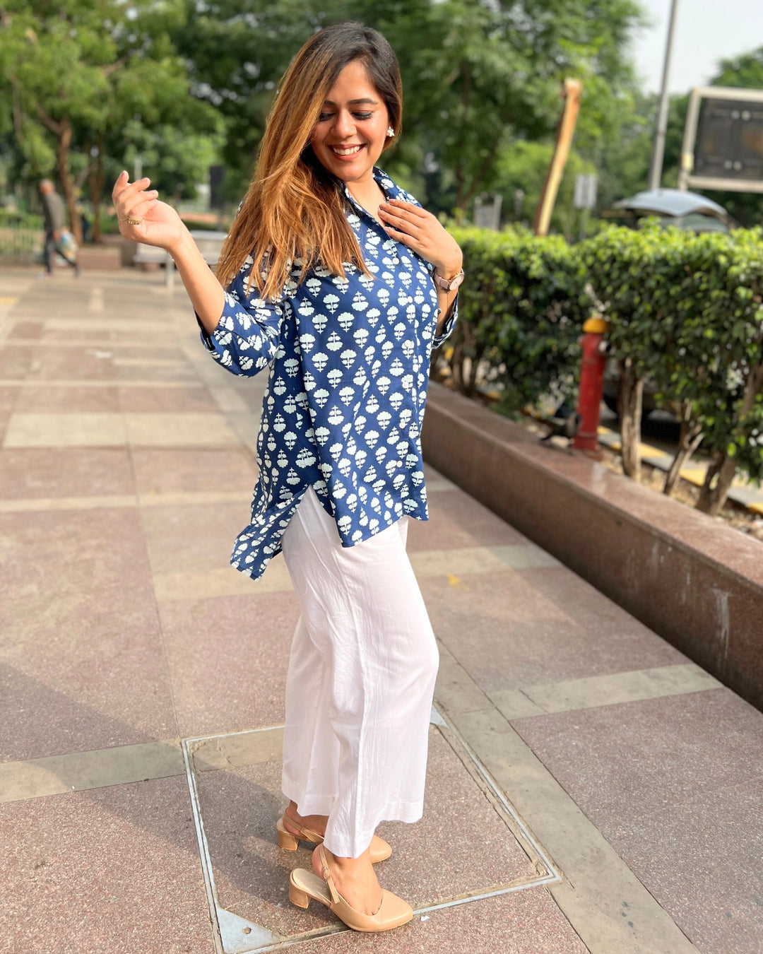 Navy Blue Orchid Print Cotton A-Line Shirt for Women