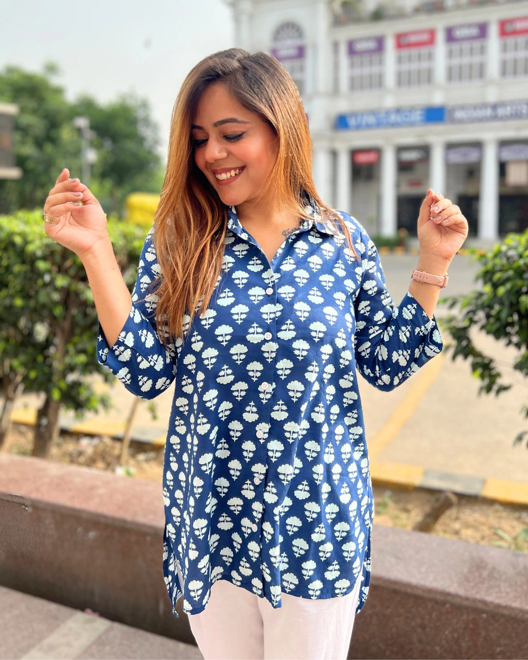 Navy Blue Orchid Print Cotton A-Line Shirt for Women