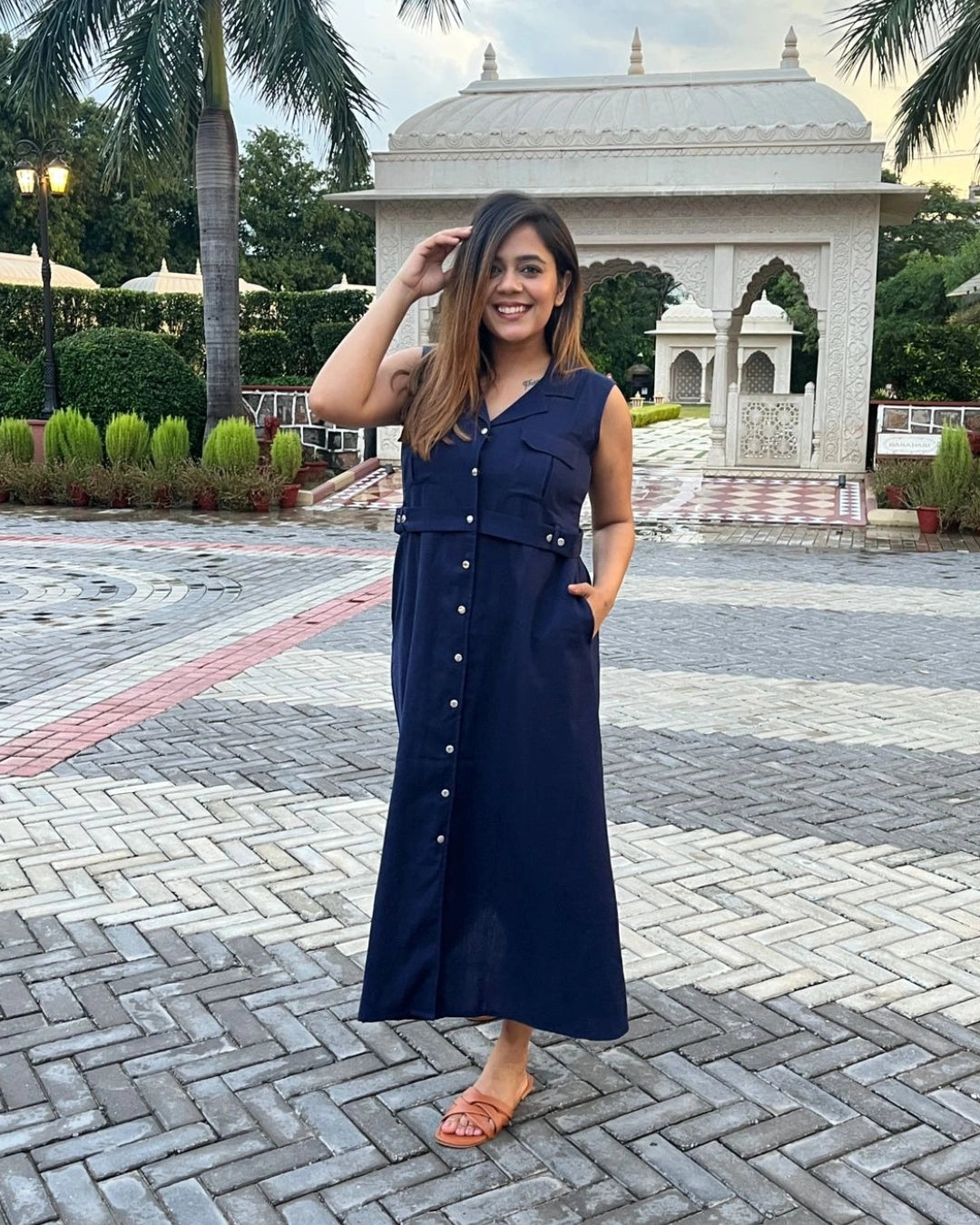 Navy Blue Sleeveless Midi Shirt Dress for Women – The Svaya