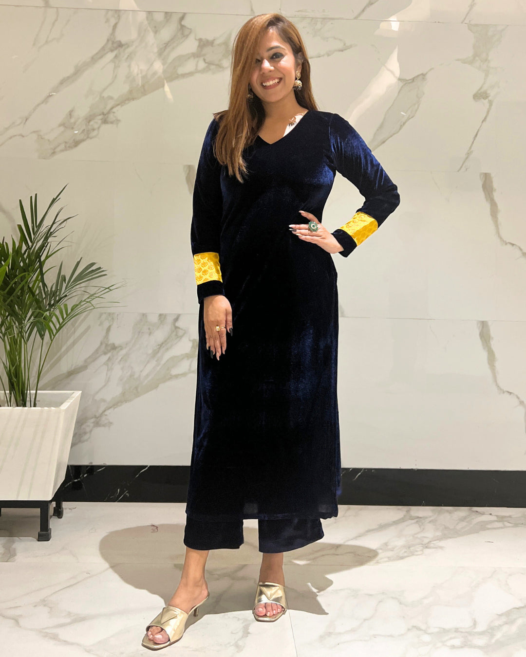 Navy Blue Velvet Kurta & Palazzo - Set of 2