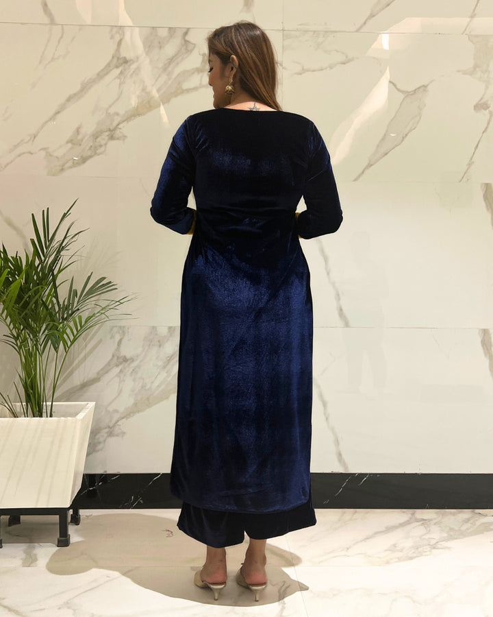 Navy Blue Velvet Kurta & Palazzo - Set of 2