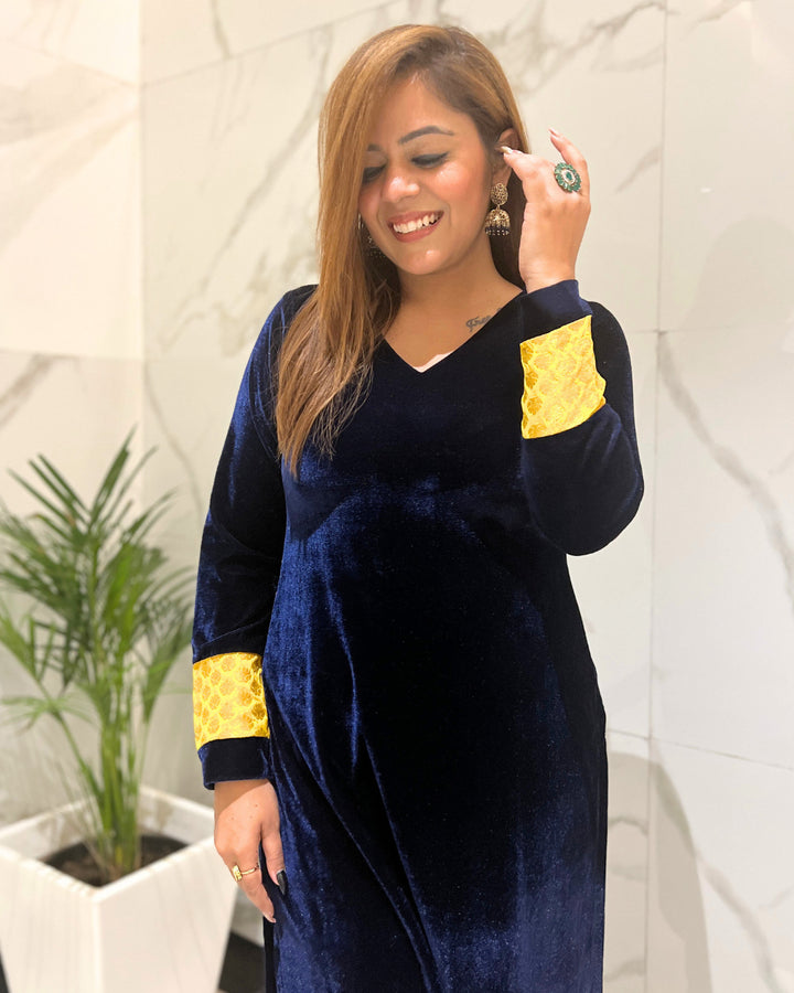 Navy Blue Velvet Kurta & Palazzo - Set of 2