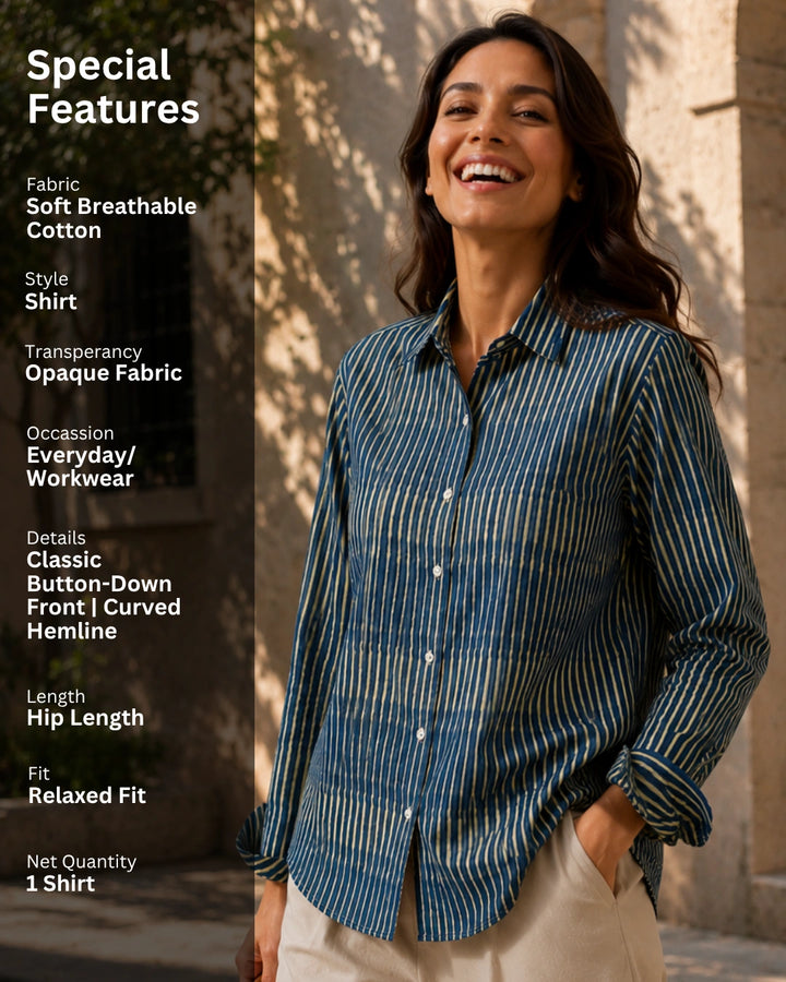 Navy Drift Stripe Cotton Shirt For Women's