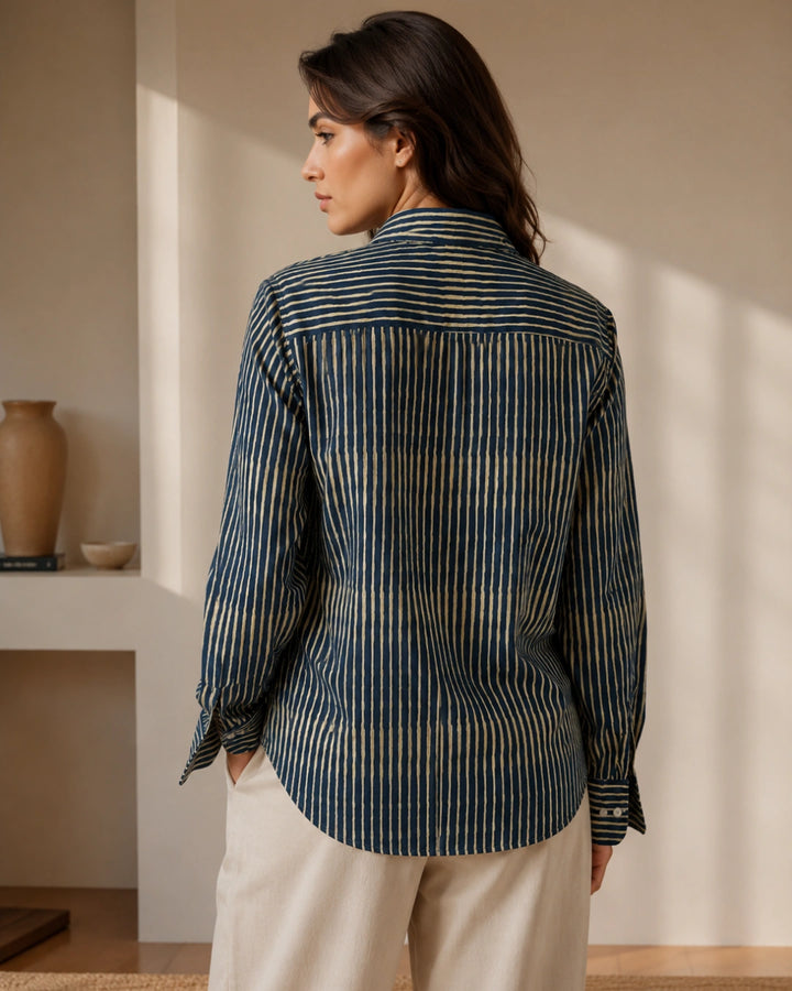 Navy Drift Stripe Cotton Shirt For Women's