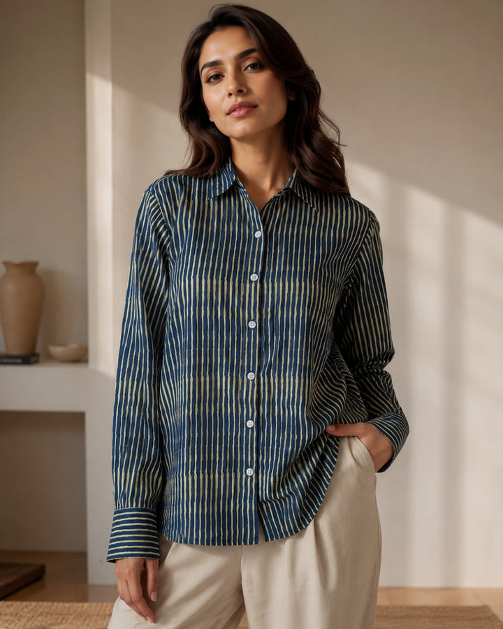 Navy Drift Stripe Cotton Shirt For Women's