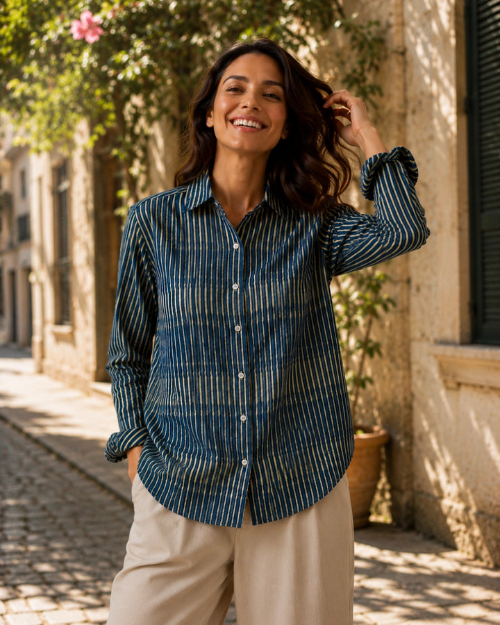 Navy Drift Stripe Cotton Shirt For Women's