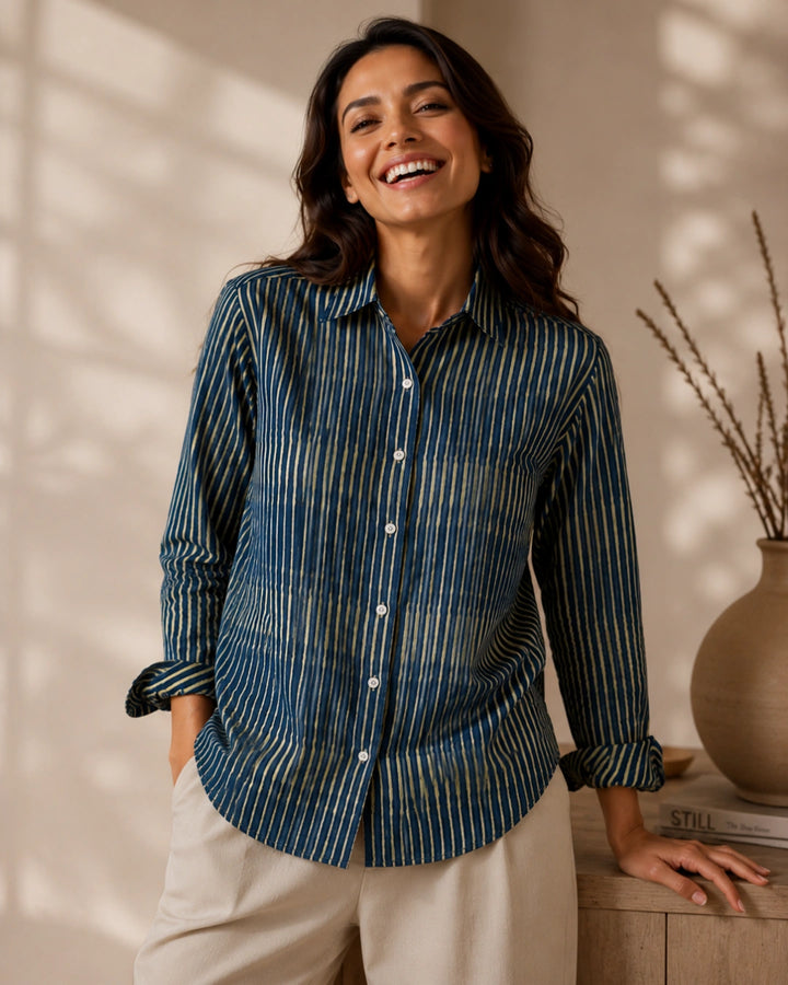 Navy Drift Stripe Cotton Shirt For Women's