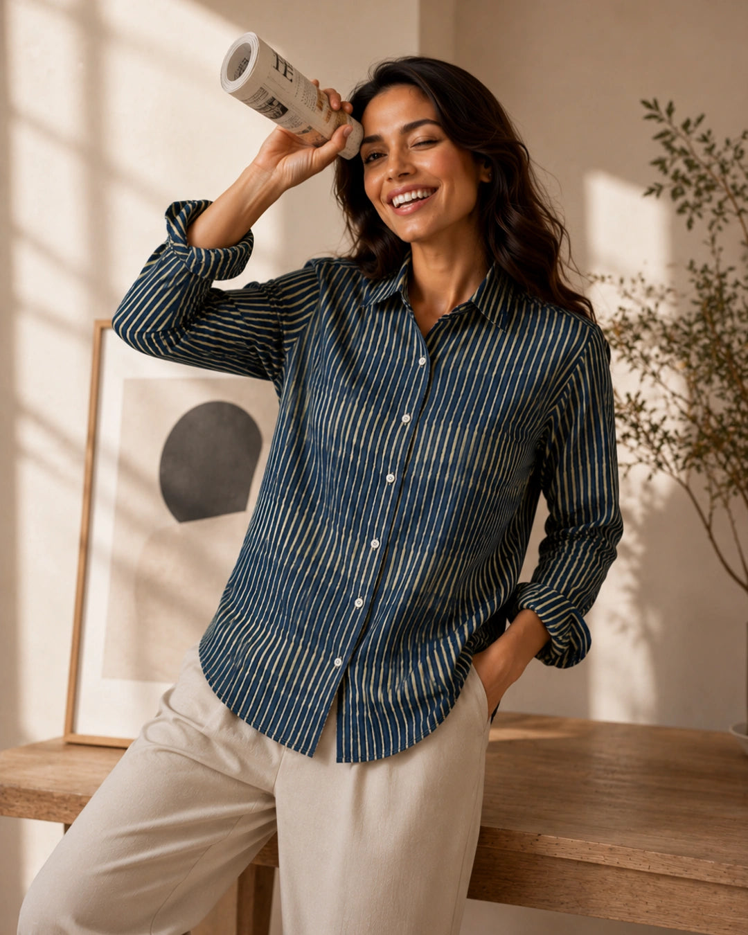 Navy Drift Stripe Cotton Shirt For Women's