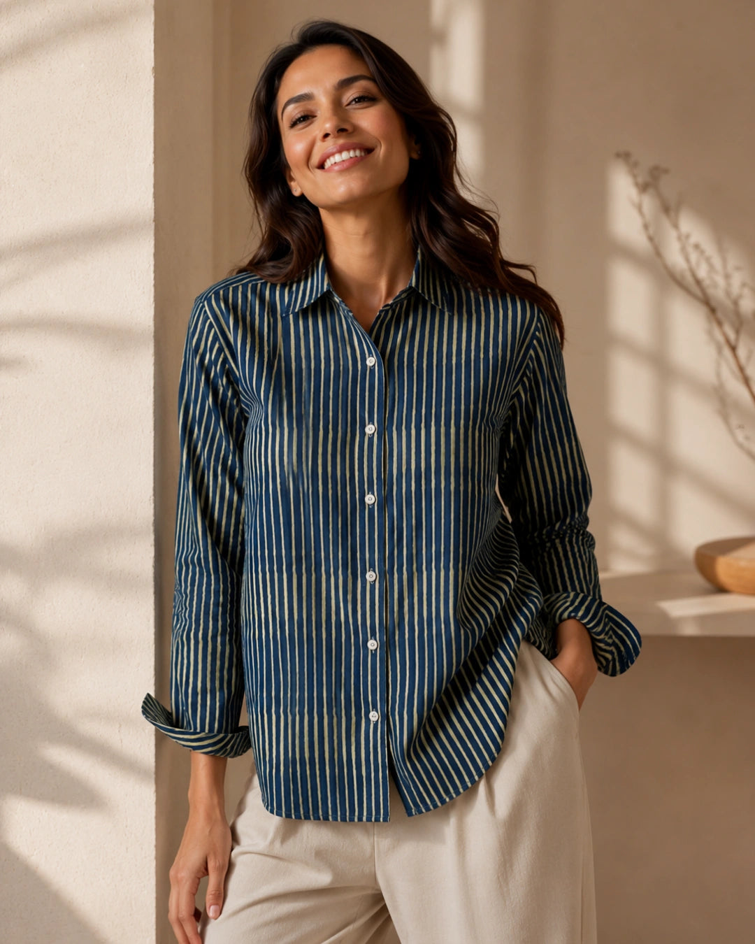 Navy Drift Stripe Cotton Shirt For Women's