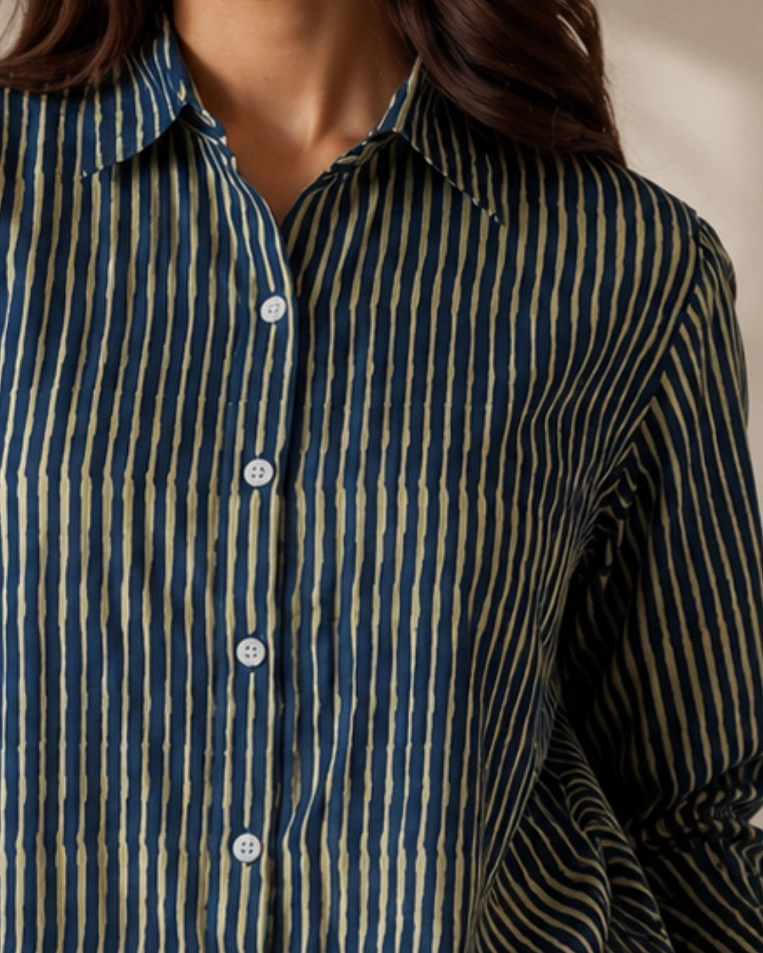 Navy Drift Stripe Cotton Shirt For Women's