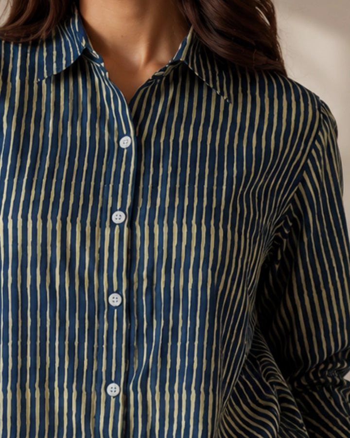 Navy Drift Stripe Cotton Shirt For Women's