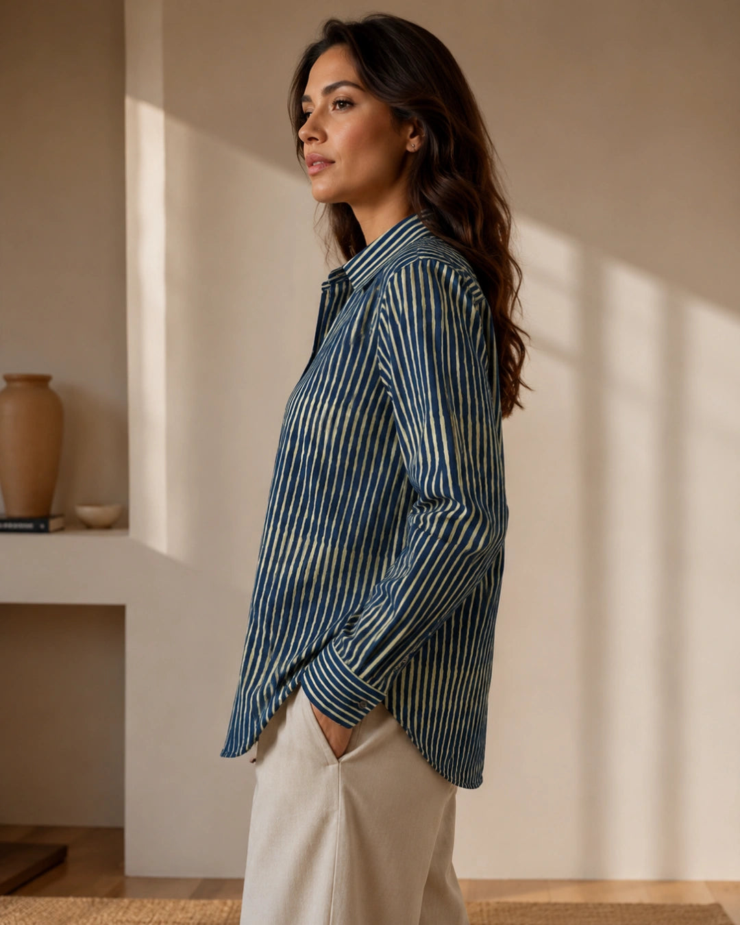 Navy Drift Stripe Cotton Shirt For Women's