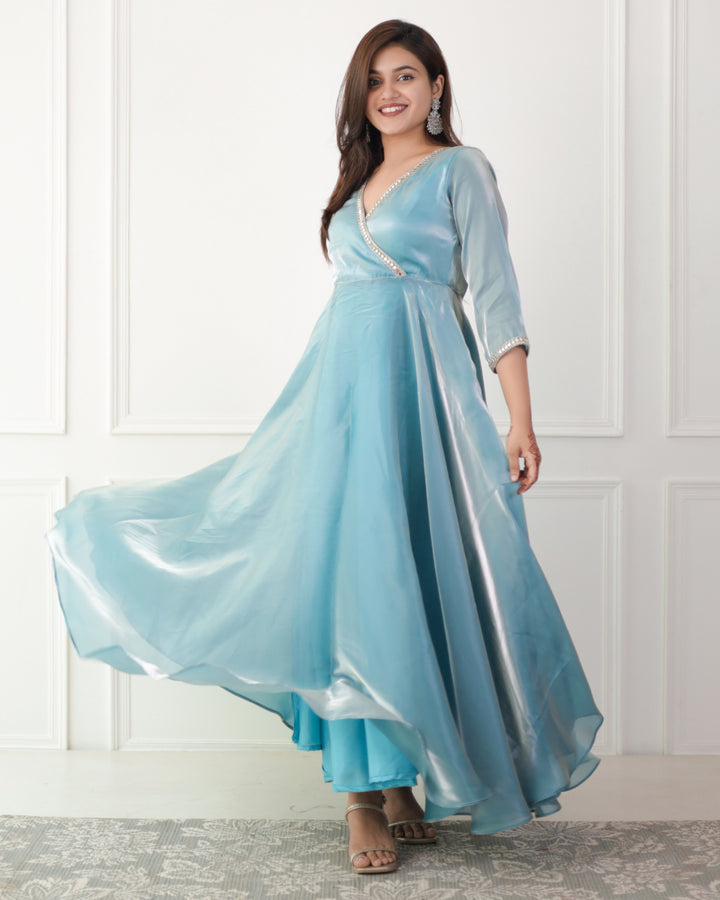 Luxe Ocean Blue Organza Angrakha Kurta