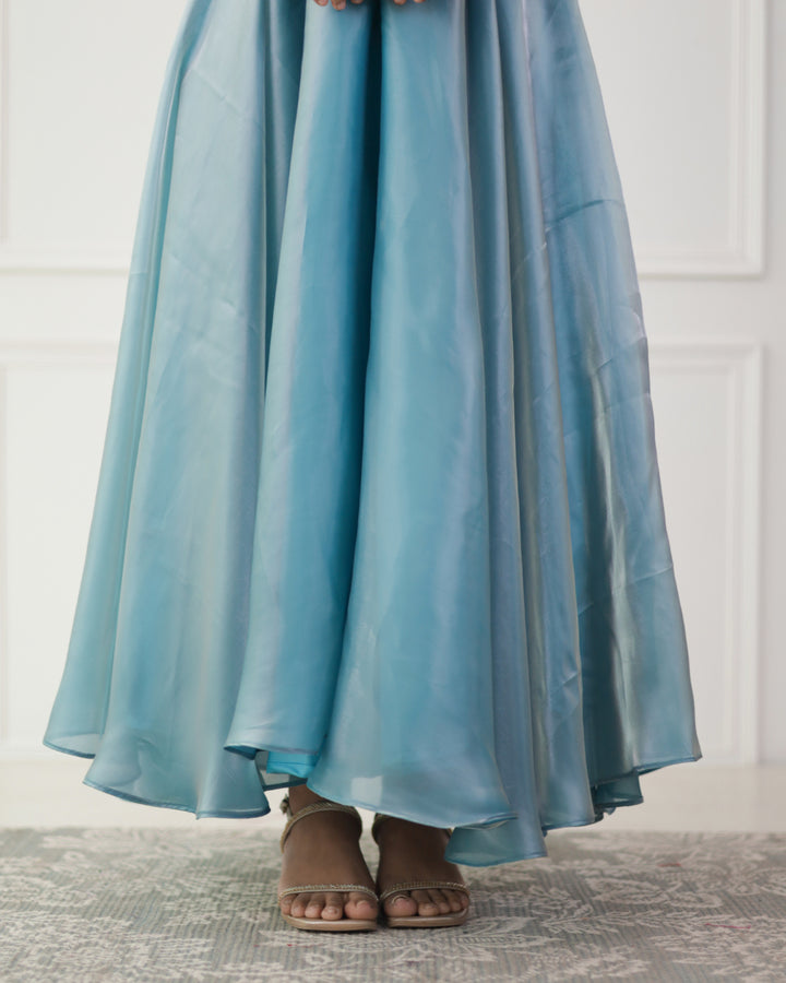 Luxe Ocean Blue Organza Angrakha Kurta