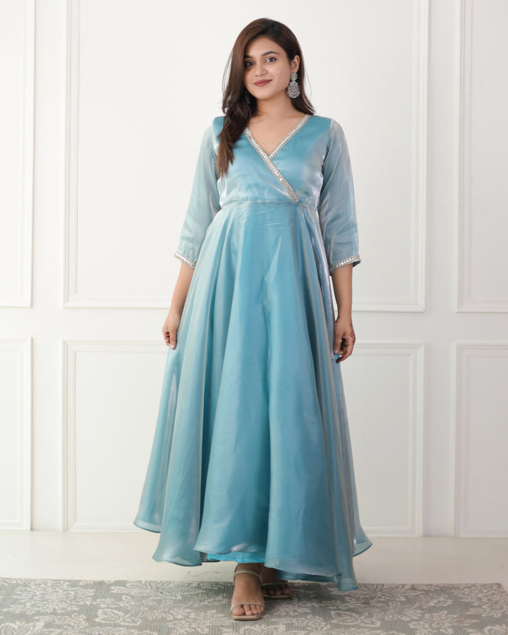 Luxe Ocean Blue Organza Angrakha Kurta