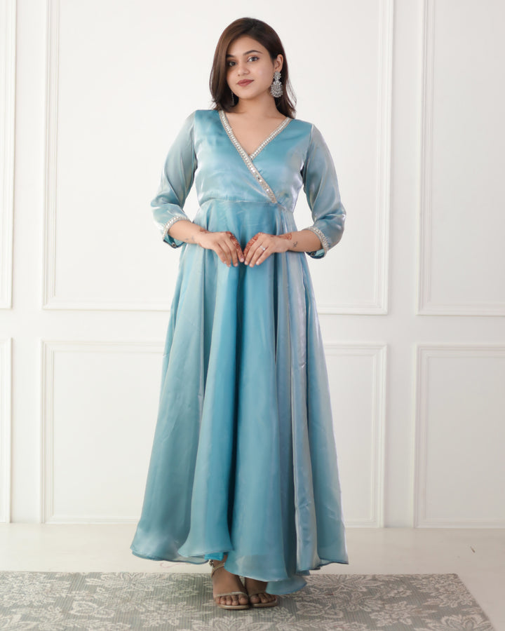 Luxe Ocean Blue Organza Angrakha Kurta