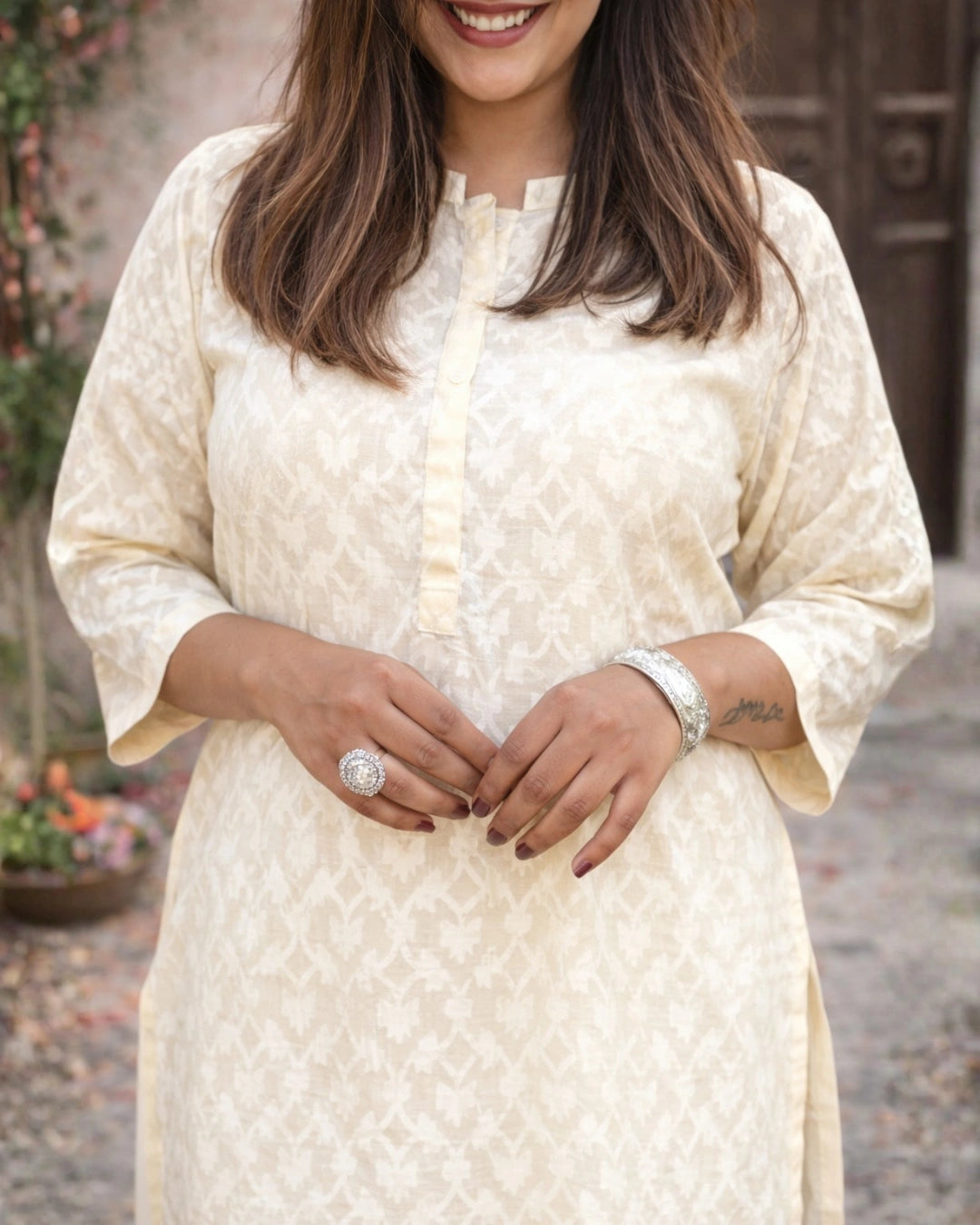 Off White Floral Weave Cotton Straight Kurti