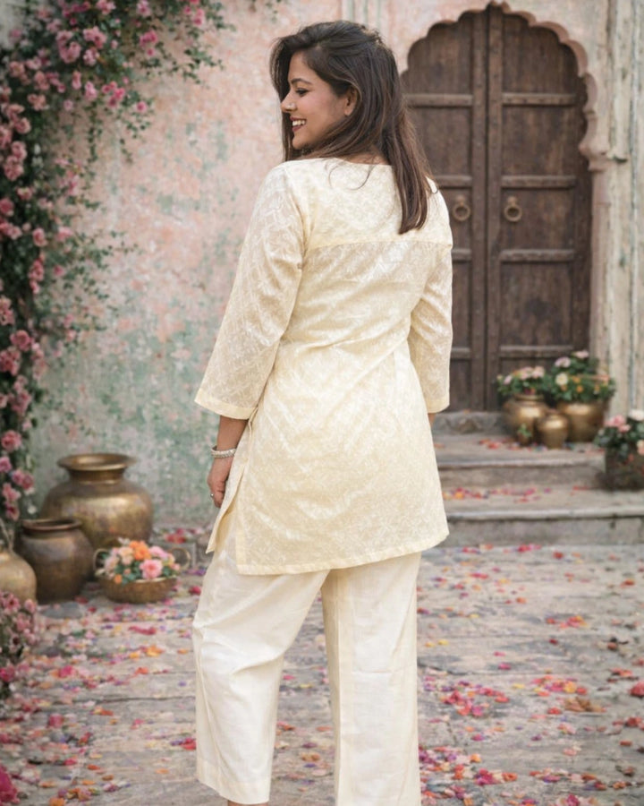 Off White Floral Weave Cotton Straight Kurti