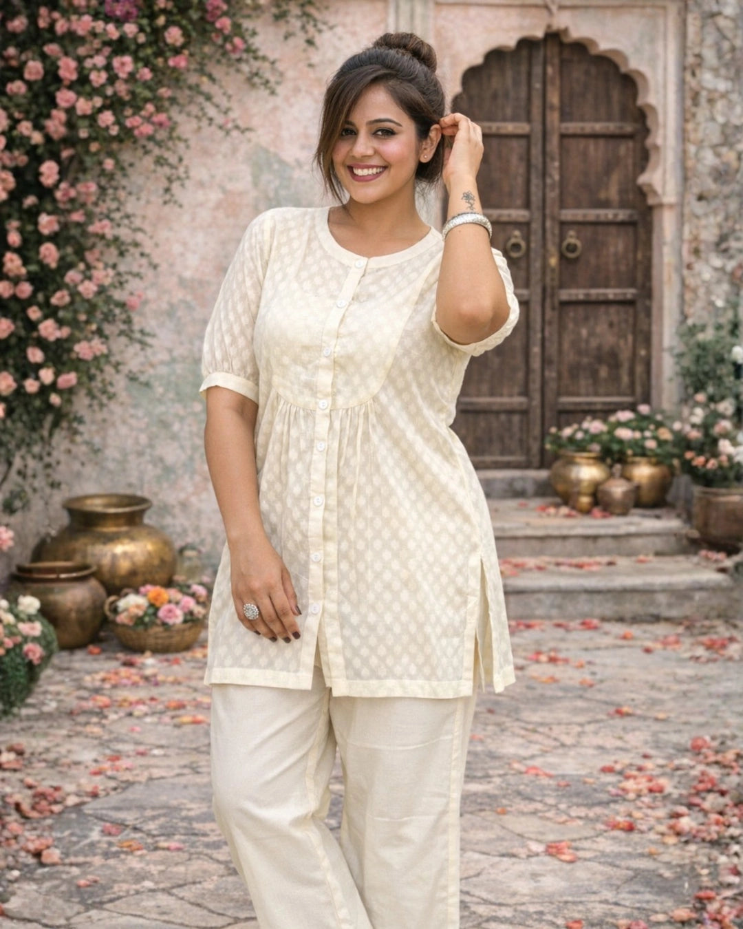 Off White Front Buttoned Cotton Straight Kurti