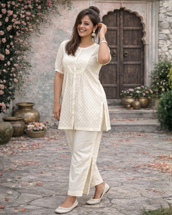 Off White Front Buttoned Cotton Straight Kurti