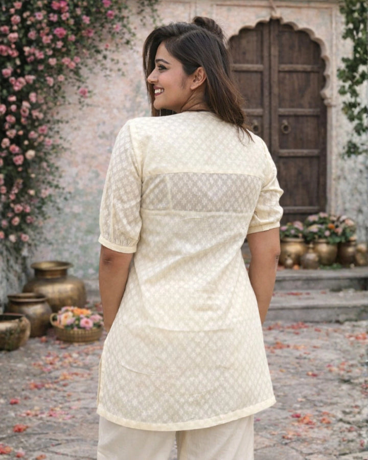 Off White Front Buttoned Cotton Straight Kurti